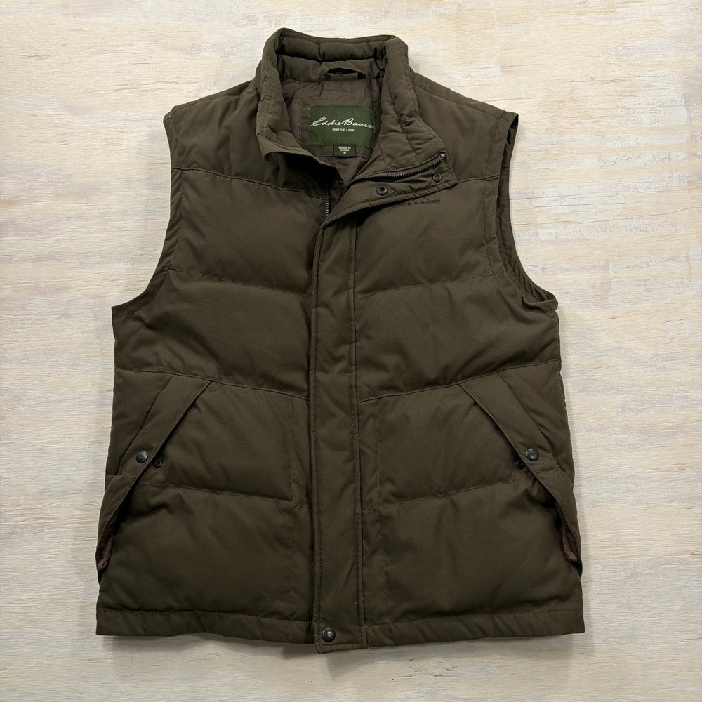 Eddie Bauer Puffer Vest EB550 Fill Goose Down M Quilted Zip Snap Brown Mens